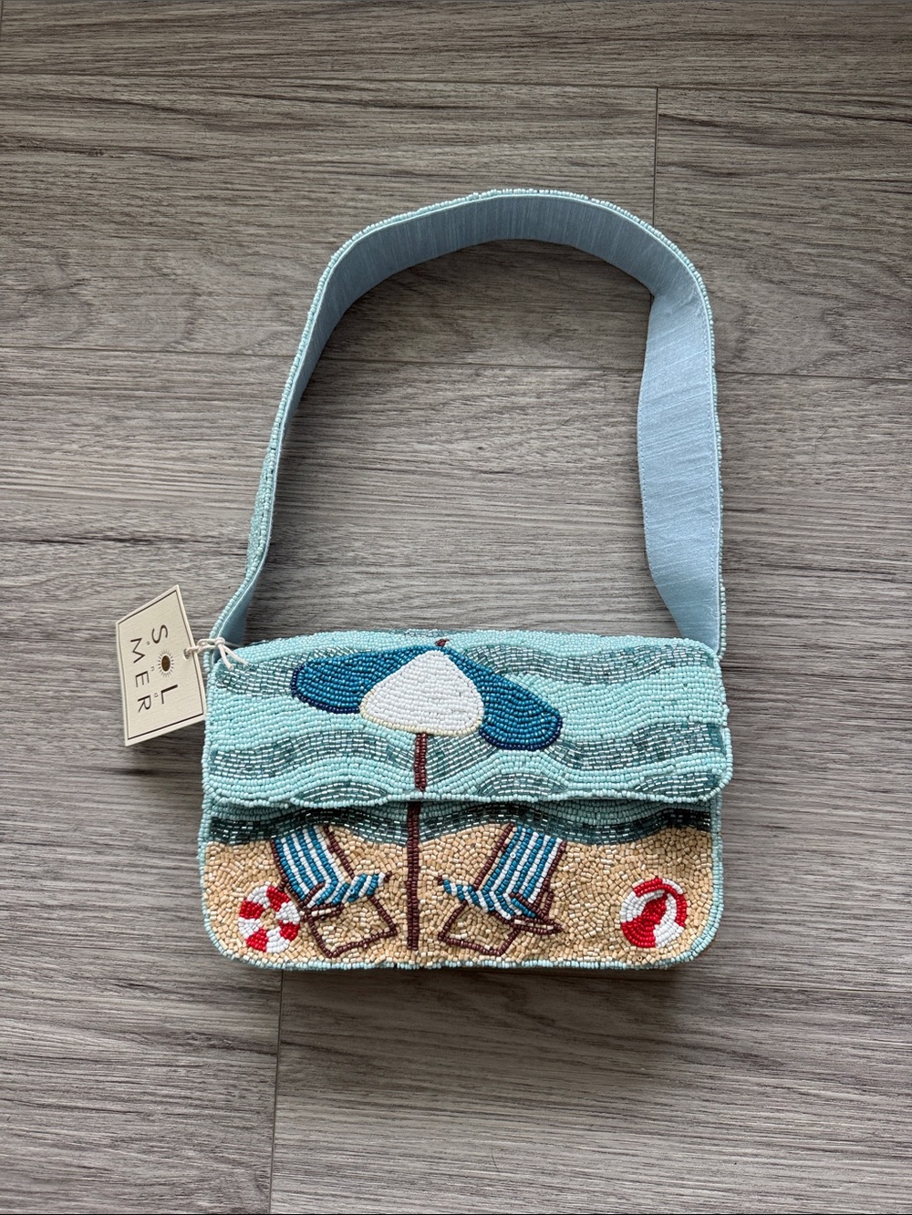 Light Blue Beach Scene Beaded Crossbody Bag